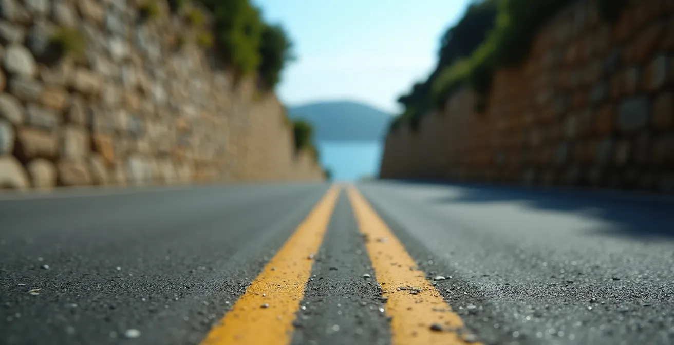 Vista dall'interno di un camper di una strada stretta ligure con tornanti
