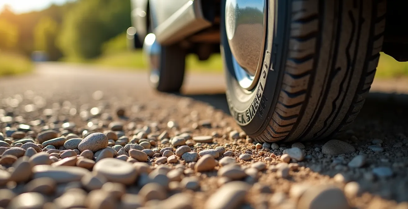 Primo piano di una ruota di camper su strada sterrata con texture del terreno visibile