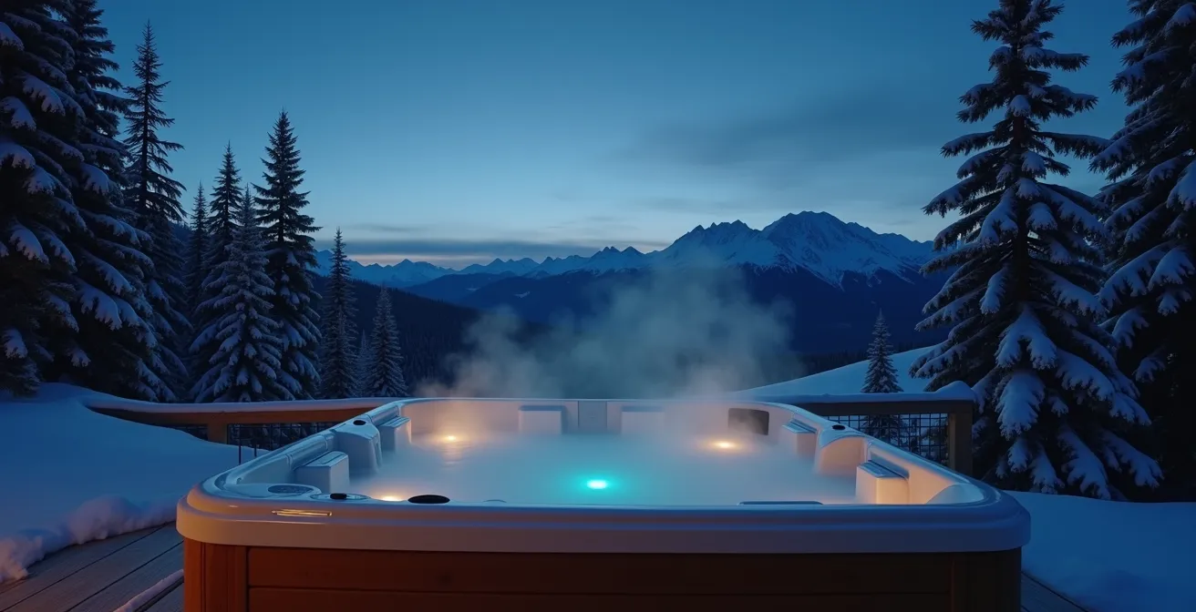 Vasca idromassaggio fumante su terrazza in legno con vista montagne innevate al crepuscolo