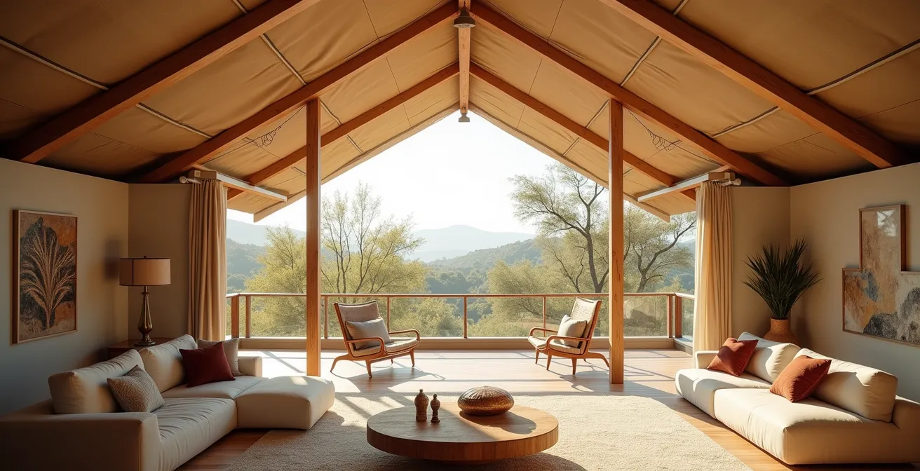 Sistema di doppio tetto ventilato in un lodge safari con vegetazione mediterranea circostante