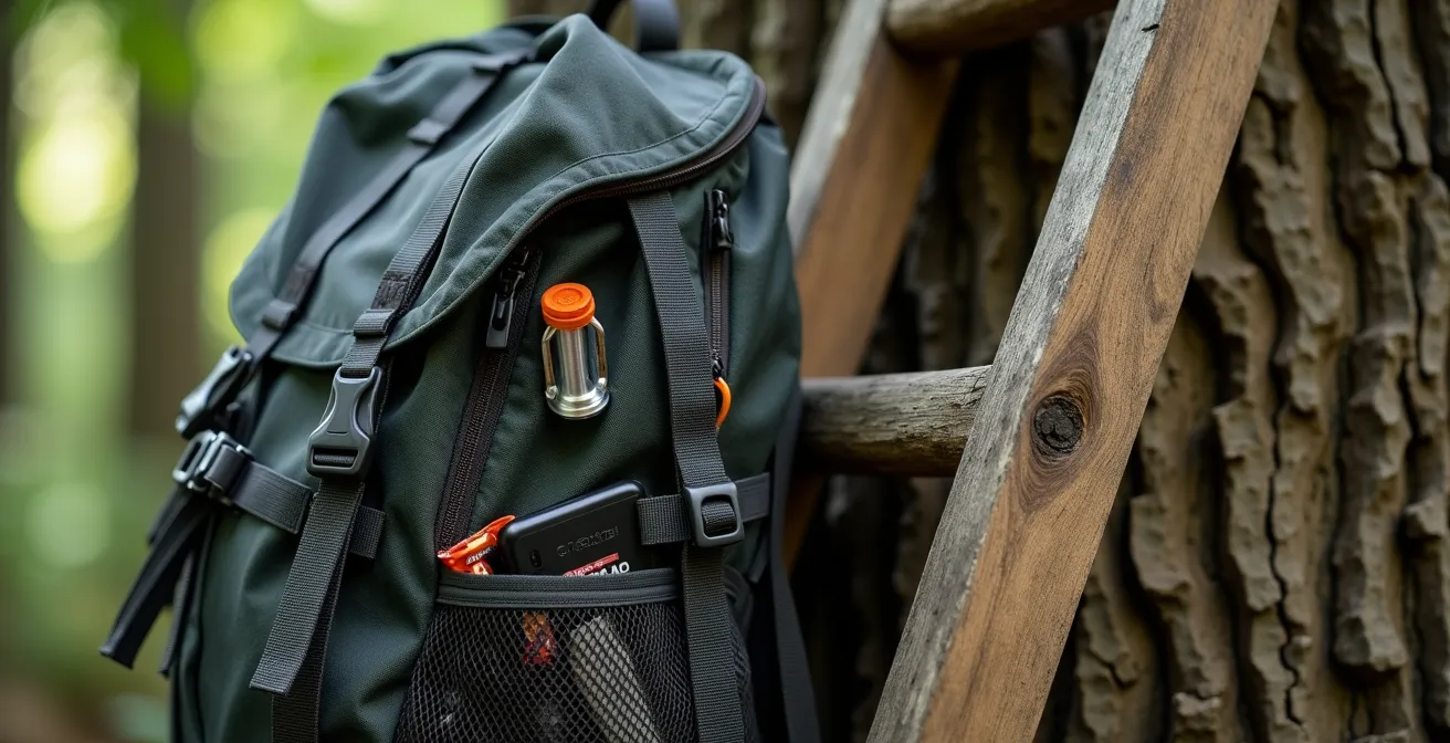 Zaino da escursione con attrezzatura essenziale appoggiato su scala di legno