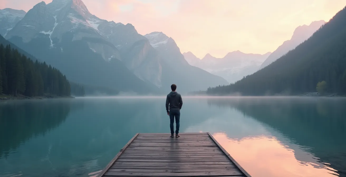 Vista serena del Lago di Braies all'alba con le acque calme che riflettono le montagne circostanti