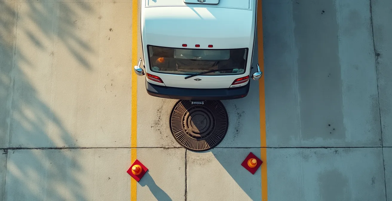 Vista dall'alto di un camper che si posiziona sopra un pozzetto di scarico con riferimenti visivi