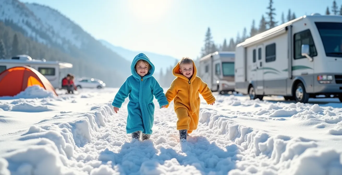 Due bambini sorridenti avvolti in accappatoi colorati giocano nella neve davanti al camper