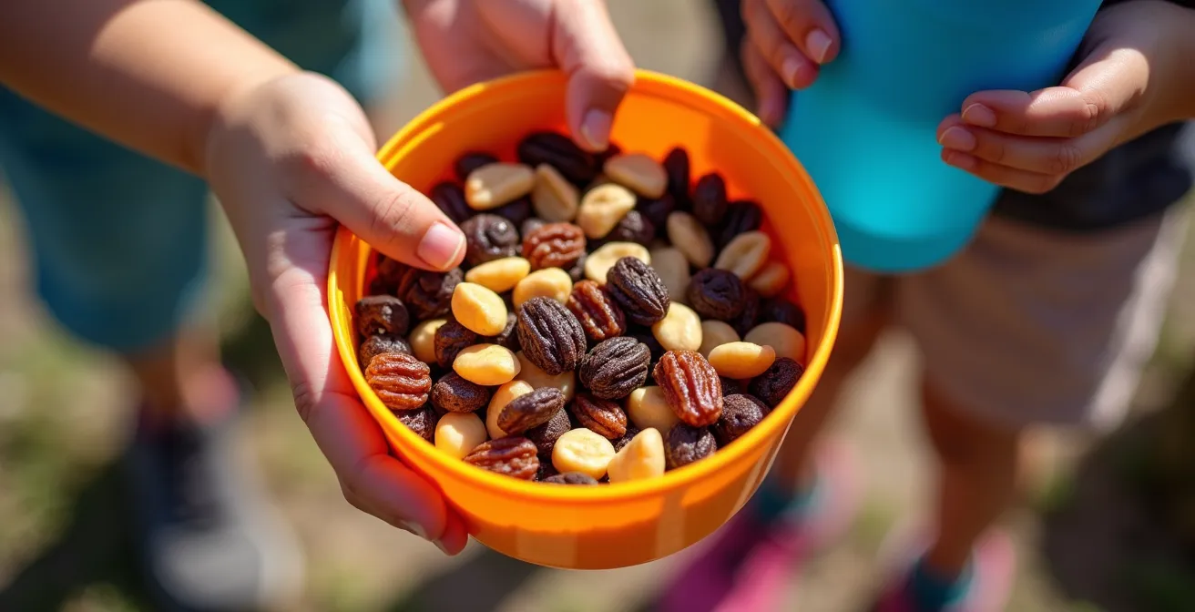 Bambini durante pausa merenda su sentiero di montagna con vista panoramica