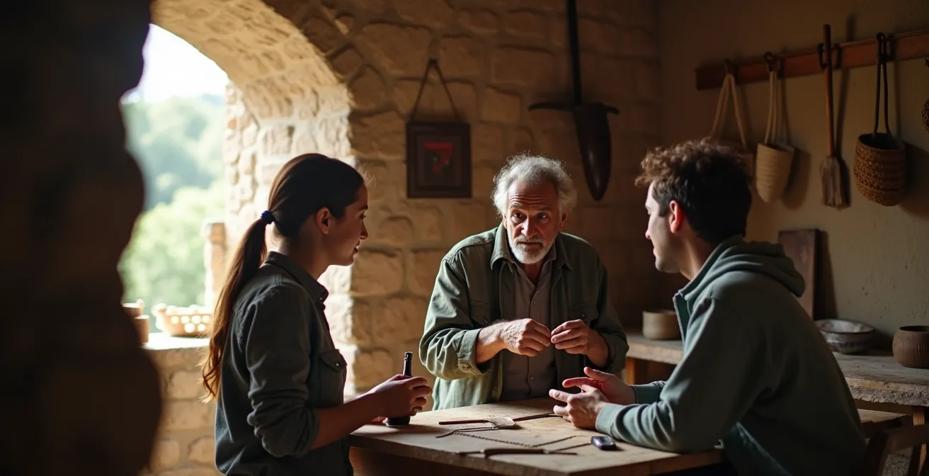 Piccolo borgo italiano con camper parcheggiato e viaggiatori che acquistano prodotti locali