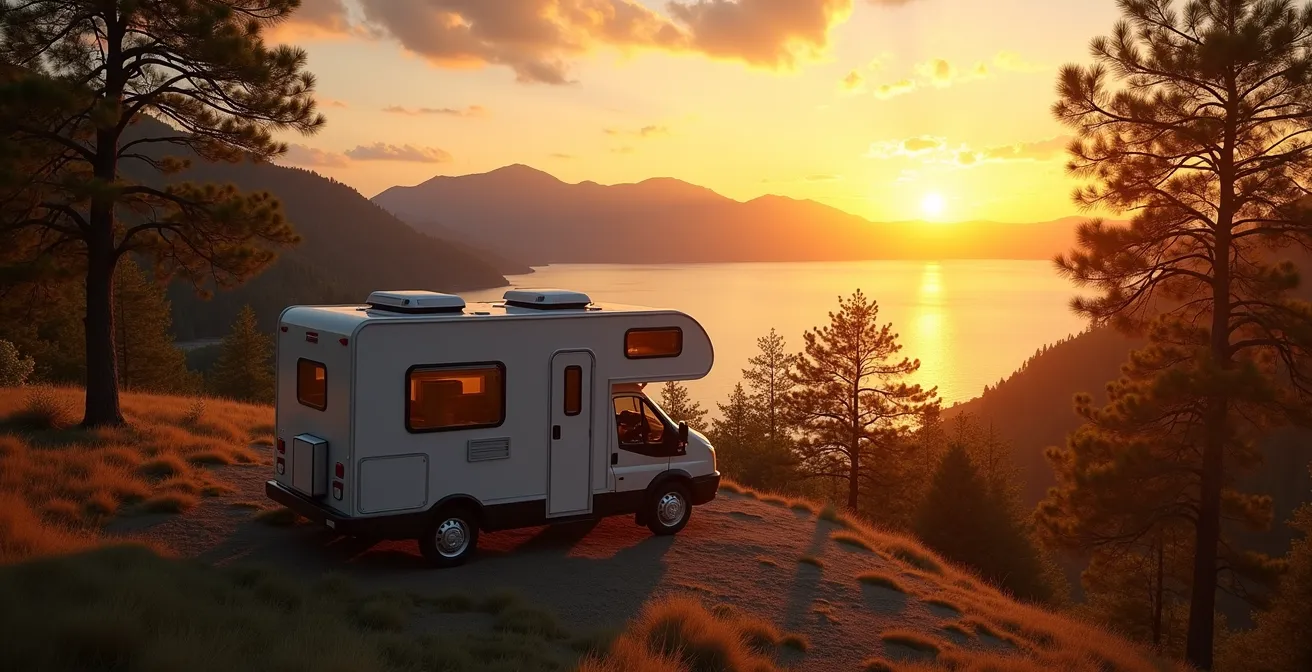 Camper parcheggiato in area collinare con vista panoramica sul lago al tramonto