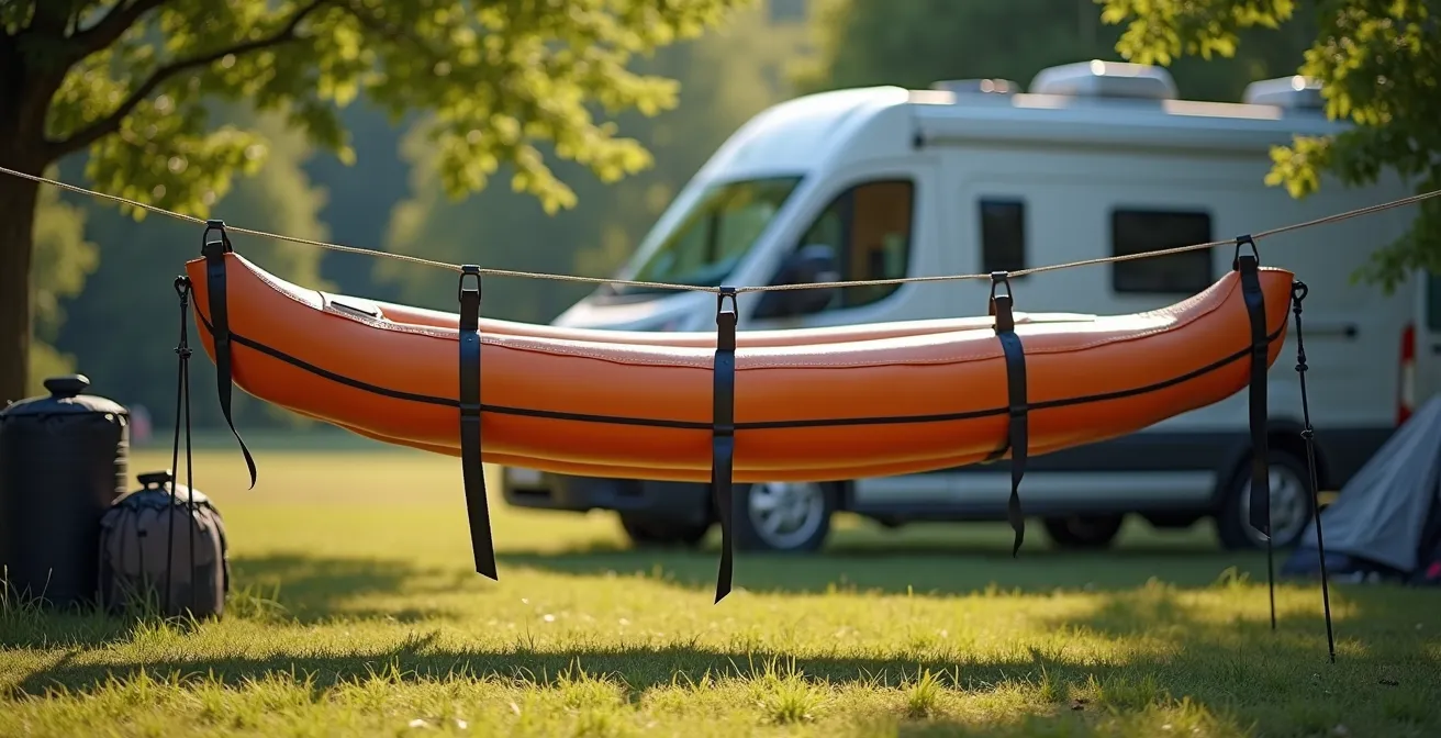 Canoa gonfiabile parzialmente sgonfia appesa per asciugatura con sacca traspirante visibile