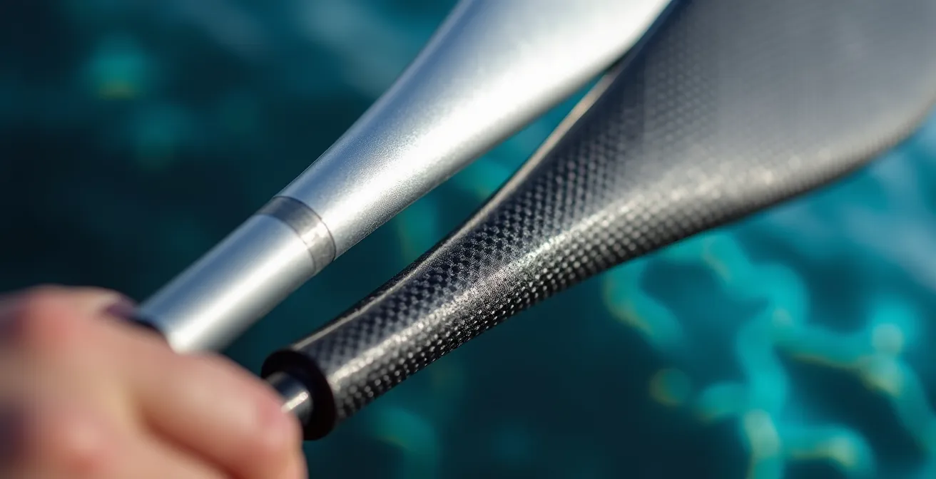 Dettaglio macro di due pagaie smontabili affiancate mostrando differenza materiali e peso