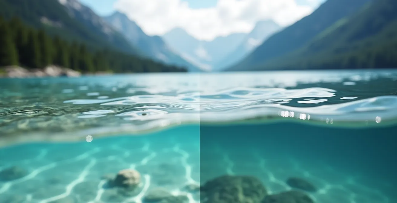 Dettaglio ravvicinato della superficie dell'acqua di un lago alpino che mostra la differenza tra acque limpide e acque con presenza di alghe