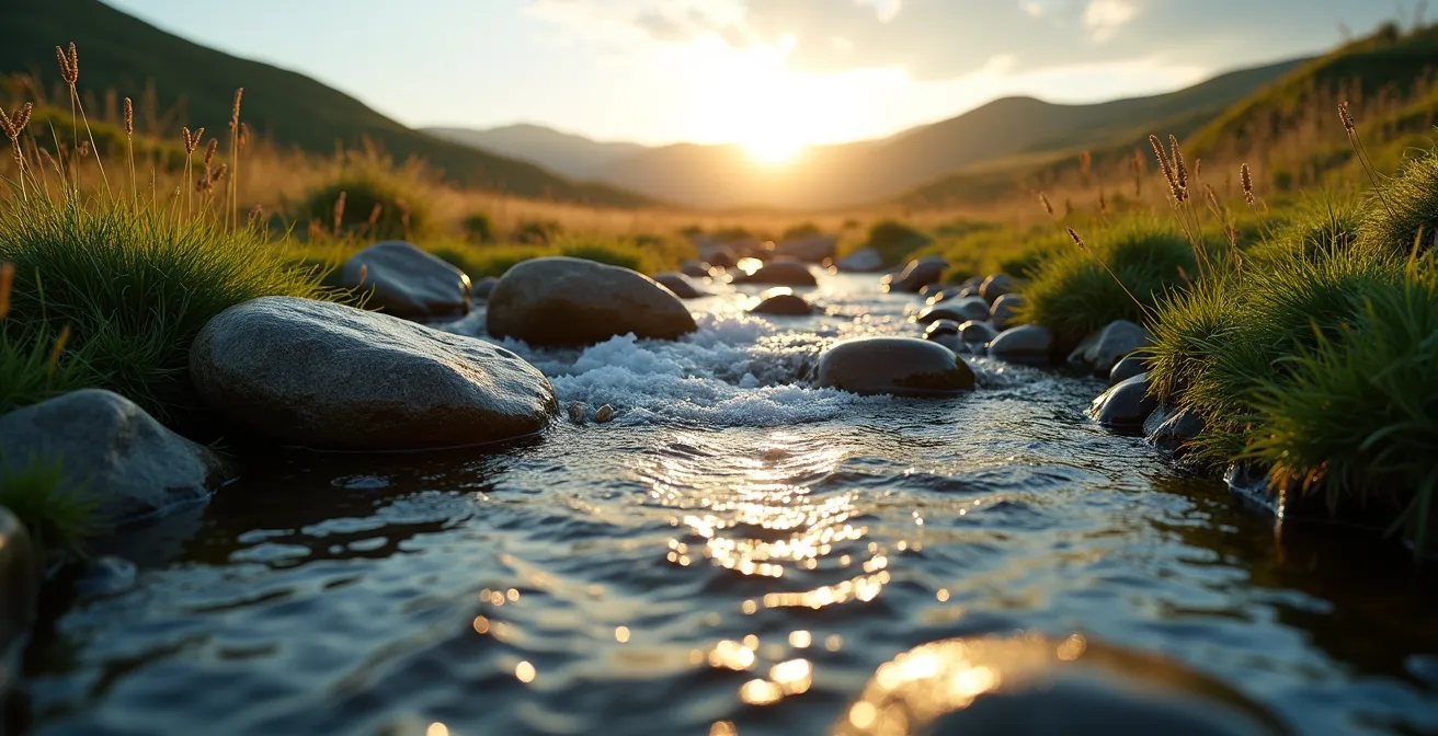 Paesaggio naturale incontaminato con ruscello e vegetazione lussureggiante
