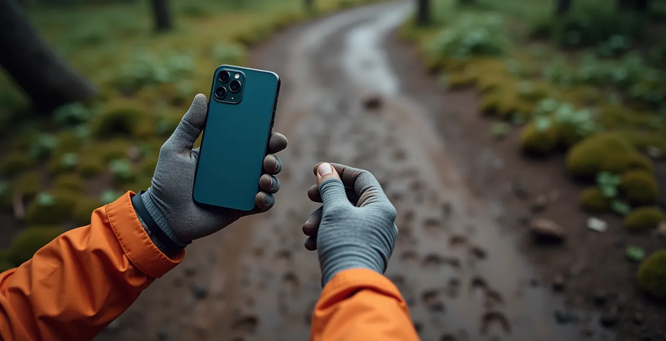 Escursionista utilizza smartphone per documentare tracce di lupo su sentiero