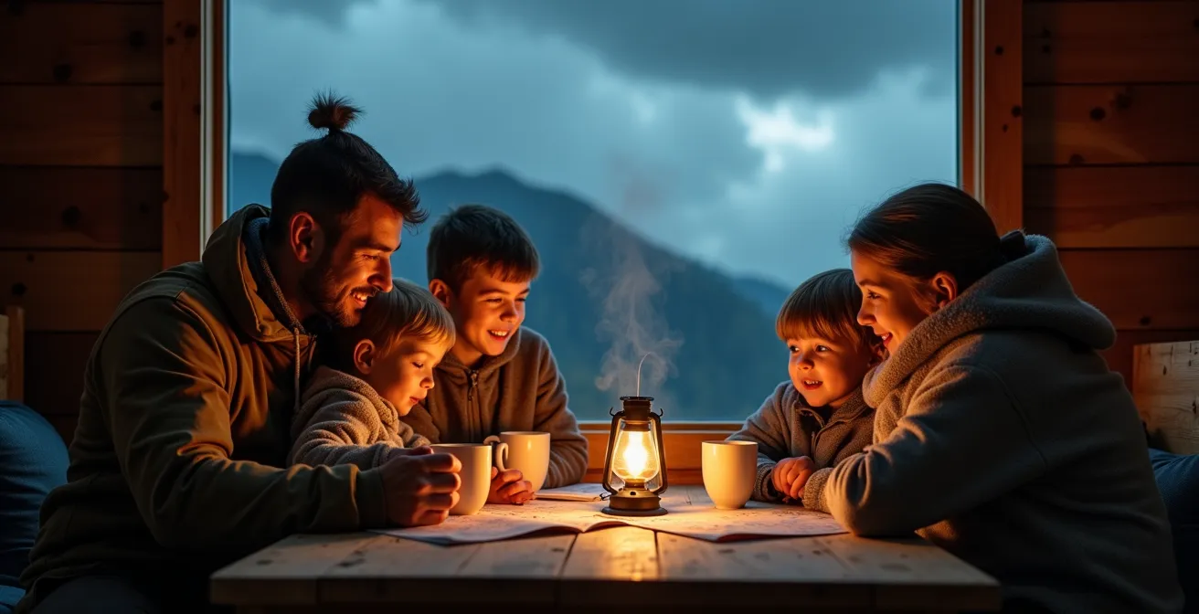 Famiglia con bambini al sicuro in rifugio di montagna durante temporale