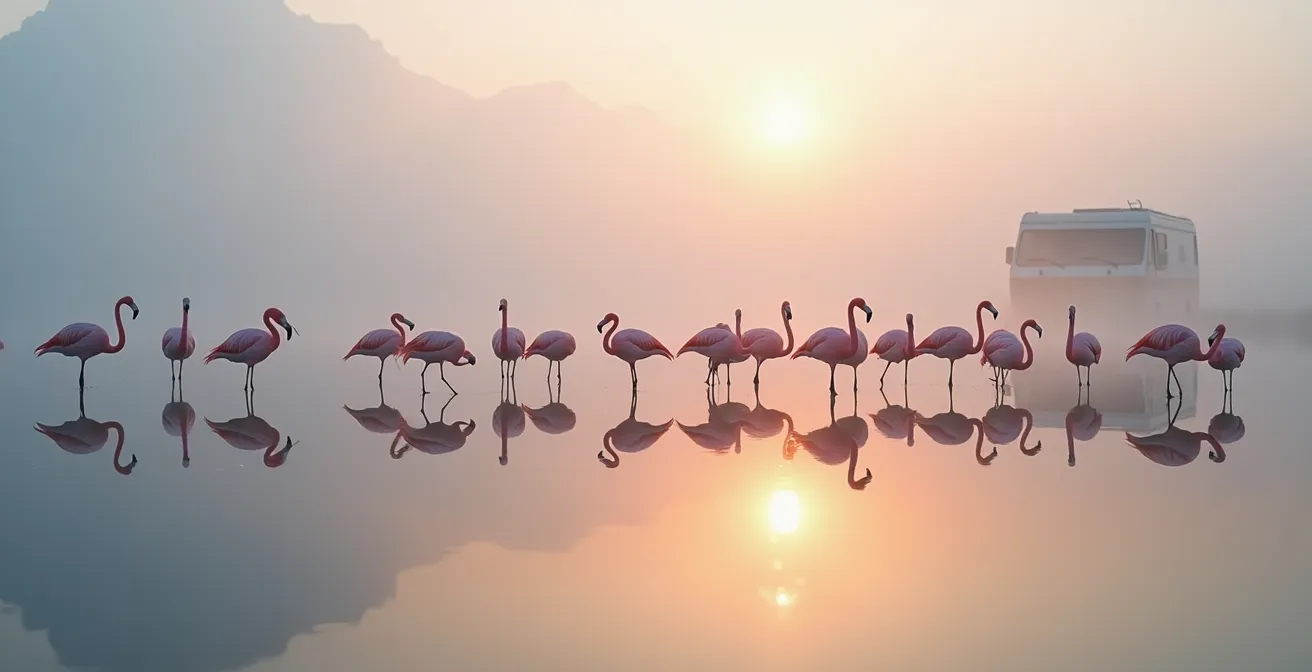 Fenicotteri rosa all'alba nel Delta del Po con camper in lontananza