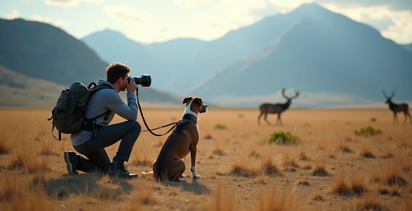 Fotografo con teleobiettivo mantiene distanza di sicurezza da animali selvatici