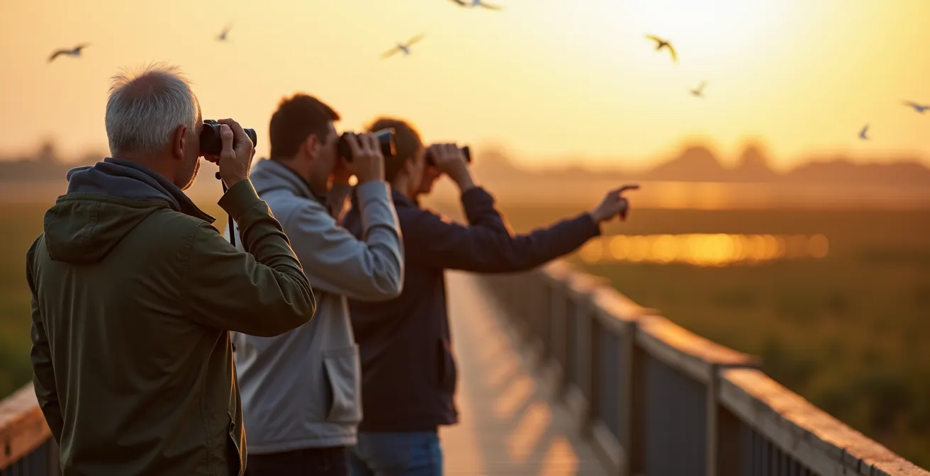 Guida naturalistica con gruppo di birdwatcher in oasi naturale
