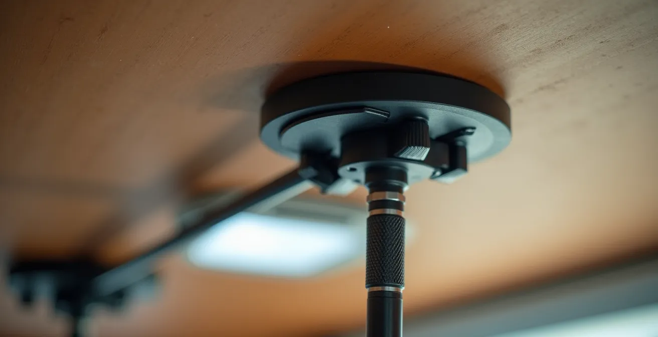 Sistema di montaggio a tensione con aste telescopiche tra pavimento e soffitto del camper