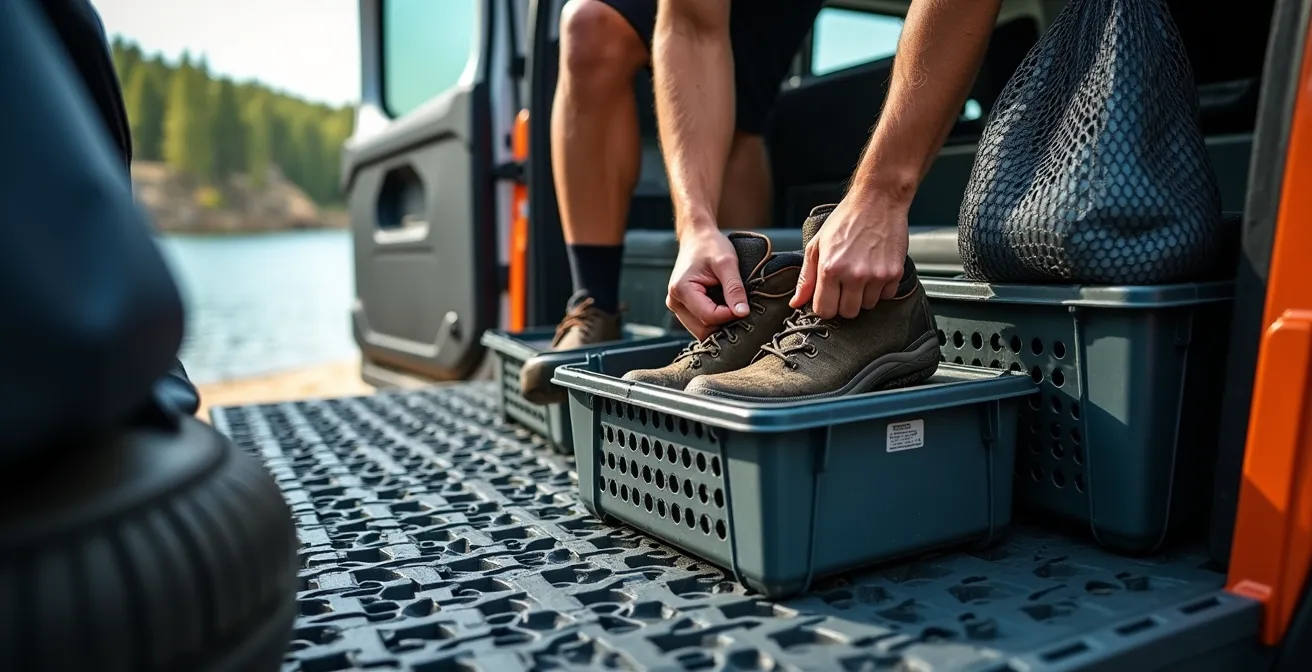 Vista interna gavone van con sistema organizzato per scarpe e attrezzatura bagnata