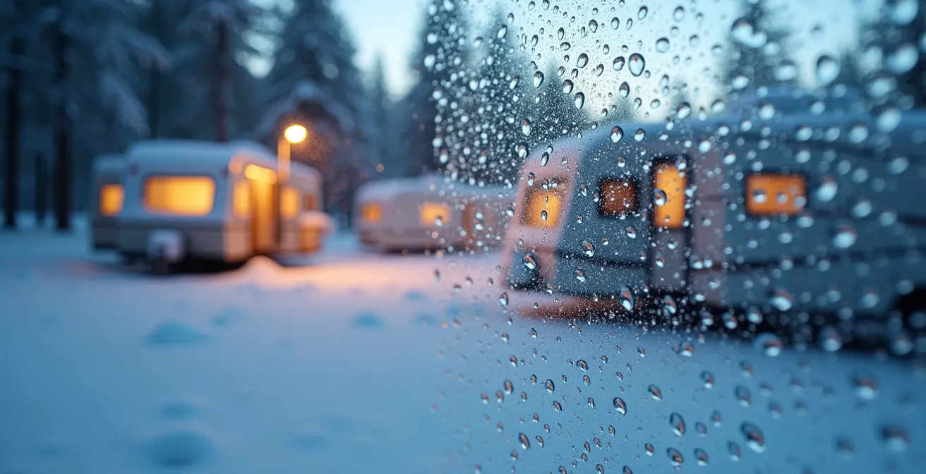 Vista macro di gocce di condensa su vetro con camper sfocato sullo sfondo invernale