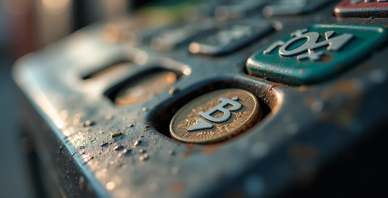 Dettaglio ravvicinato di una colonnina di pagamento con slot per monete e QR code per app