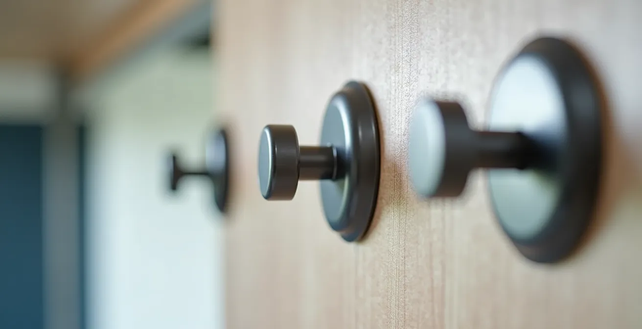 Dettaglio di ganci adesivi e strisce magnetiche installate su parete di camper