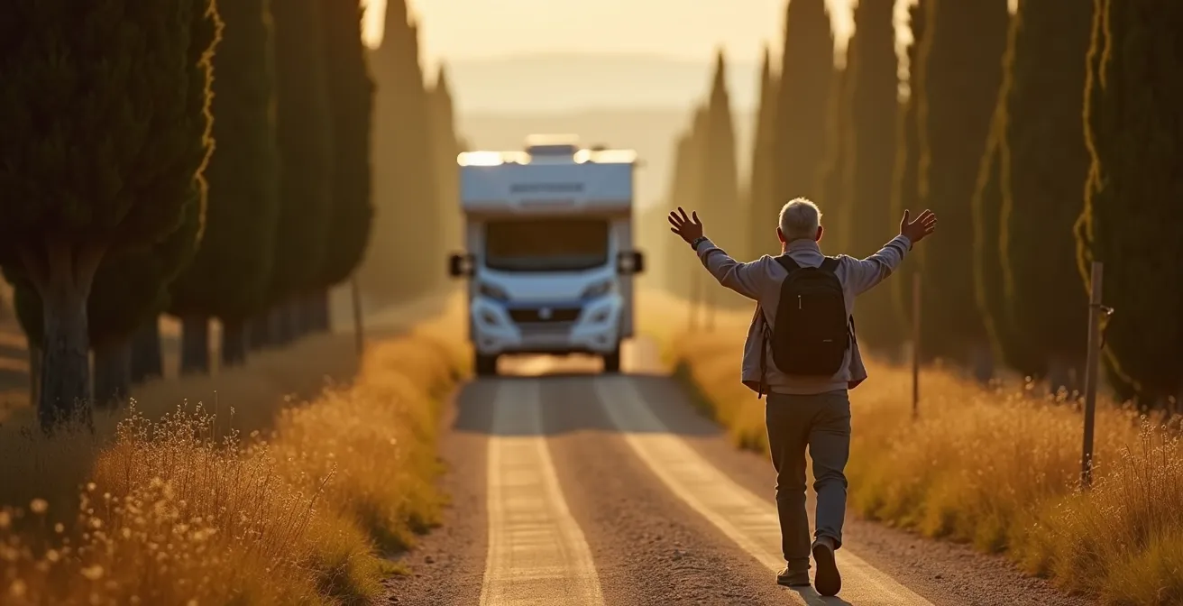 Camperista che esplora a piedi una strada sterrata stretta prima di procedere con il motorhome parcheggiato in lontananza