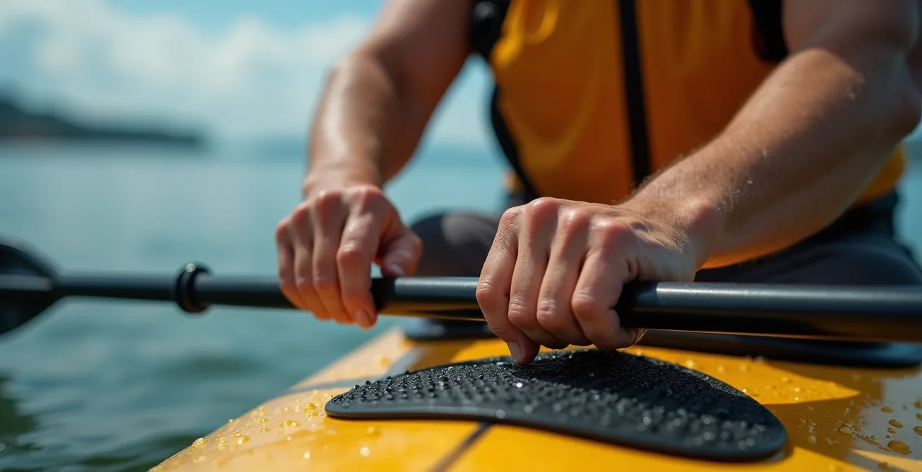 Vista macro di un paddler in posizione di sicurezza in ginocchio su SUP con vento forte