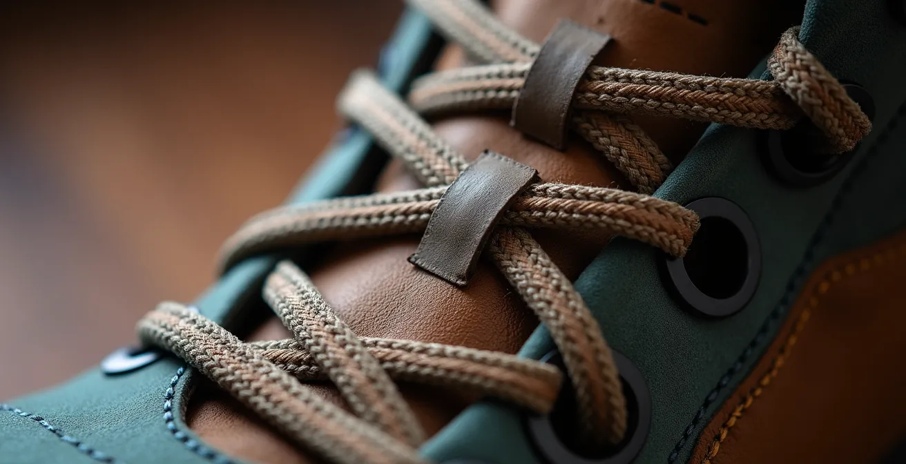 Dettaglio macro di tecniche di allacciatura specializzate su scarpone da trekking