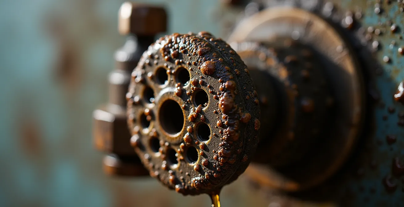 Macro dettaglio di una valvola di scarico con accumuli di residui organici